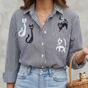 ​✨ VTG Get Lucky USA Long Sleeve Striped Shirt L • Grandmacore Feline & Mice